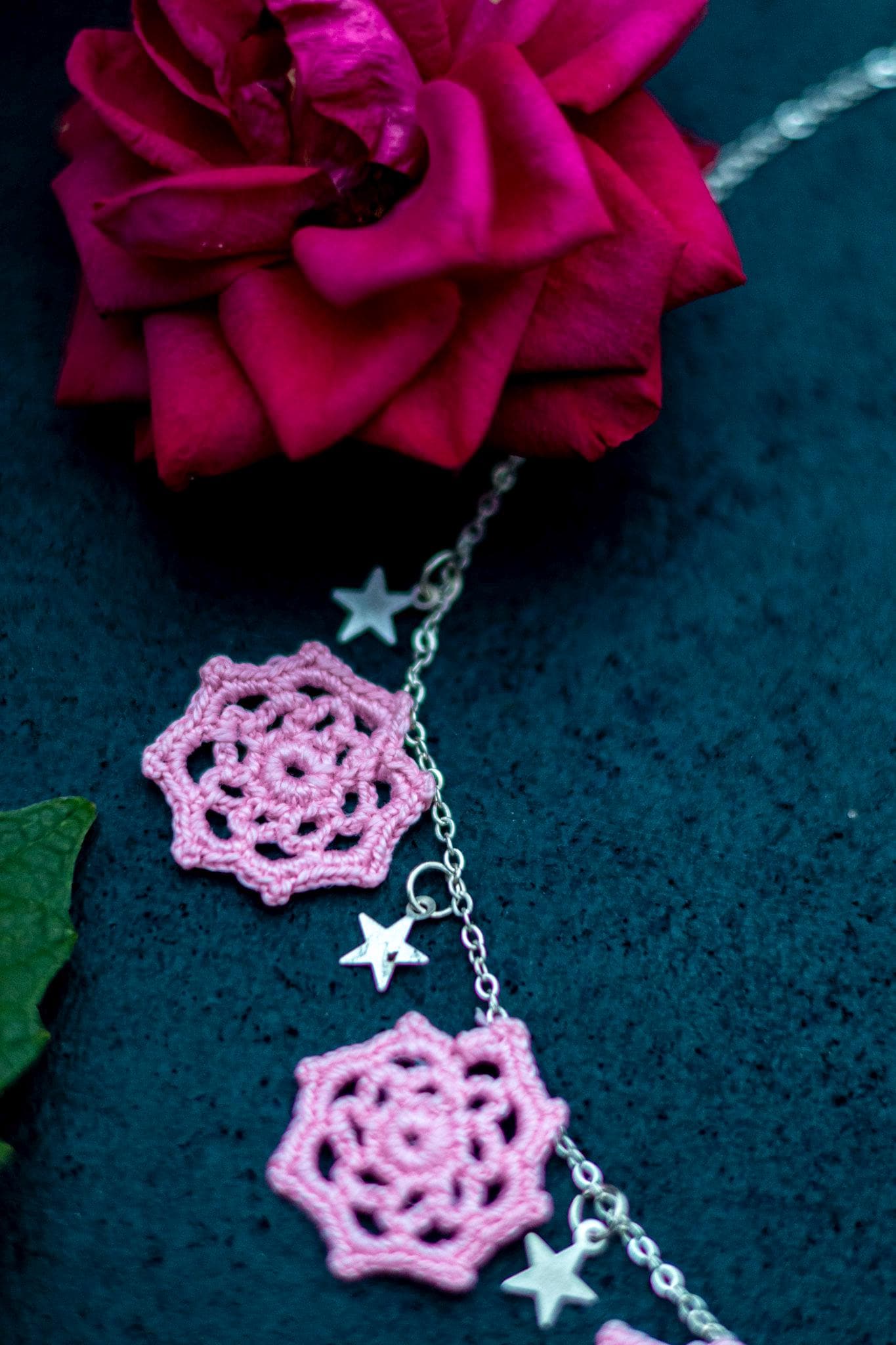 Trendy jewelry, light Crochet Jewelry, Pink Hexagon Floral Necklace & Earrings, Handmade Statement Jewelry