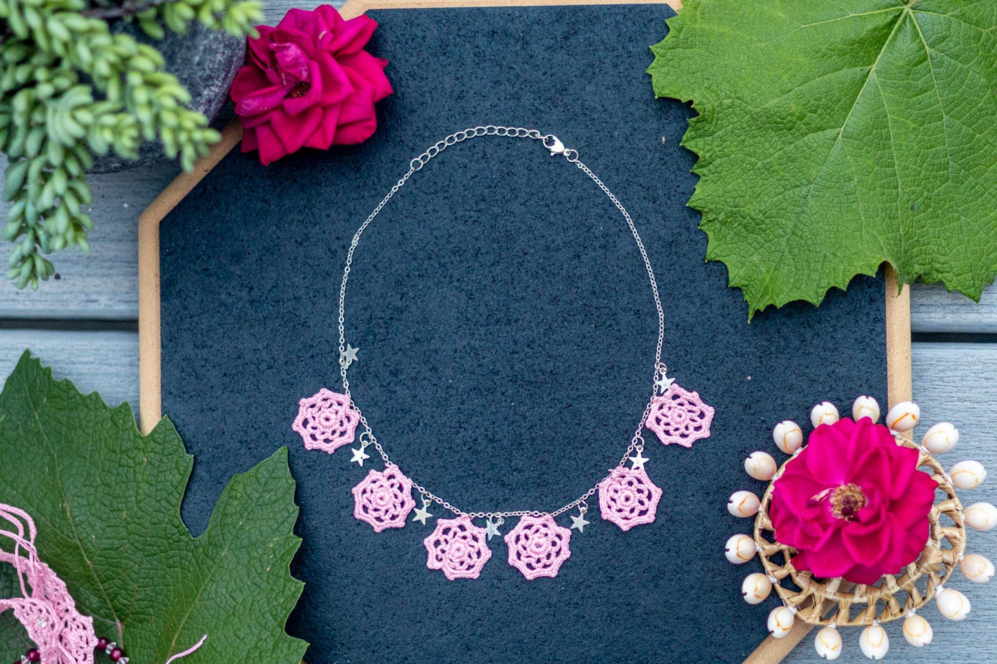 Trendy jewelry, light Crochet Jewelry, Pink Hexagon Floral Necklace & Earrings, Handmade Statement Jewelry