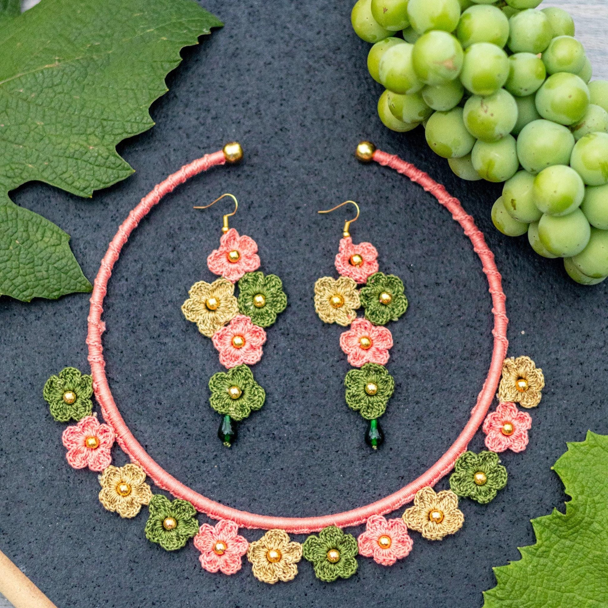 Crochet Flower Bib Necklace and Earrings Set: Soft Pink Green Boho Jewelry