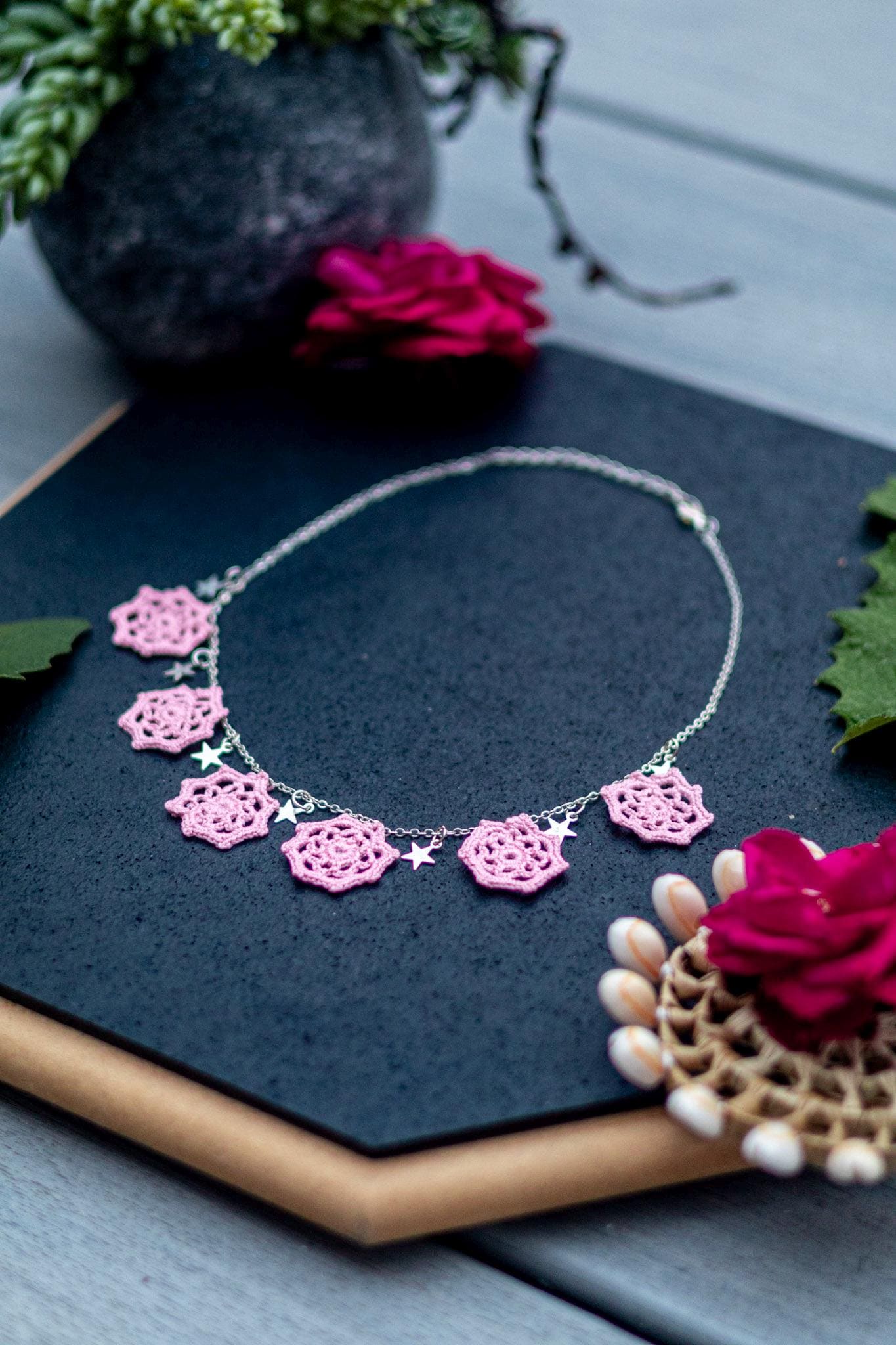 Pink Crochet Flower Necklace • Handmade Floral Statement Necklace • Lightweight Crochet Jewelry • Delicate Flower Choker • Cute Gift for Her
