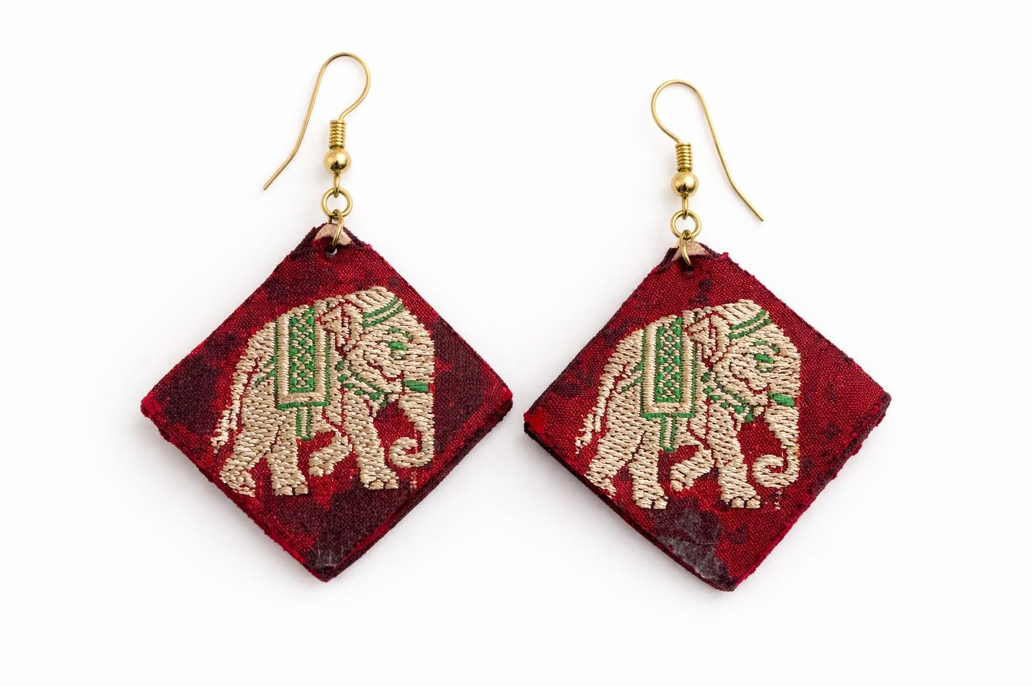 Handcrafted Elephant Dangle Earrings – Burgundy & Gold Ethnic Statement Jewelry