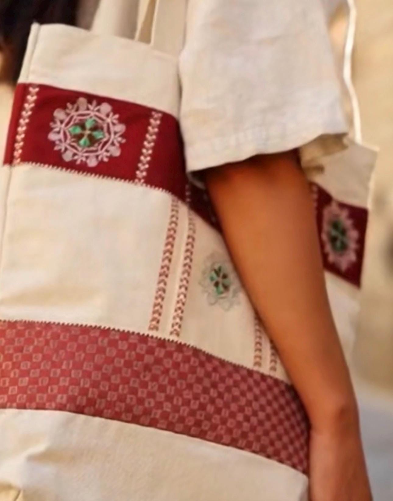 Handwoven Cotton Tote Bag | Red Embroidered Ethnic Shopper